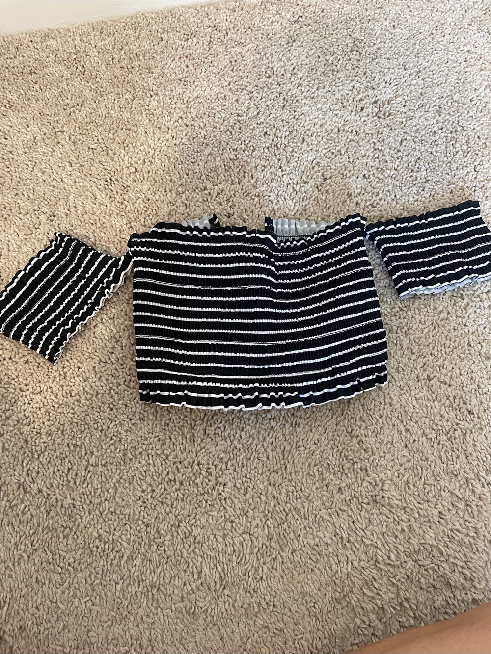 Black and White Striped Off-Shoulder smocked swim Top